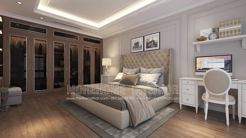 Giường ngủ hiện đại, phần đầu giường bọc nỉ ấn tượng được thiết kế cao tạo cảm giác thoải mái cho gia chủ khi tựa lưng 